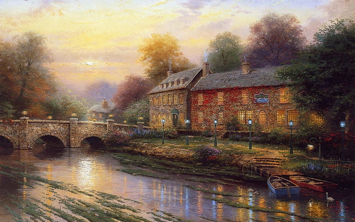 painting of brown house near bridge and trees, boats, lights