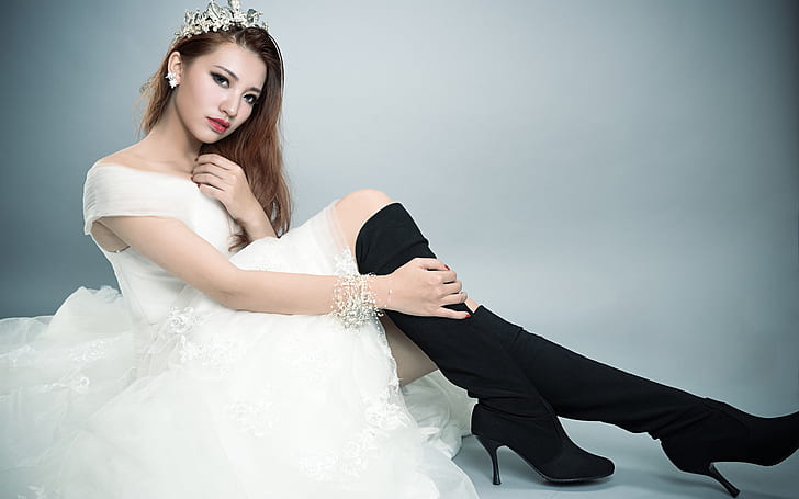 White dress Asian girl pose, HD wallpaper