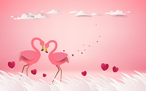 HD wallpaper: love, birds, rendering, pair, hearts, pink background,  Flamingo | Wallpaper Flare