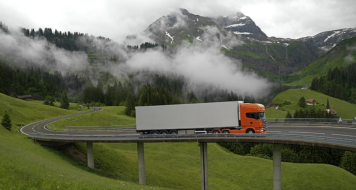 orange and white freight truck, Nature, Clouds, Mountains, Bridge