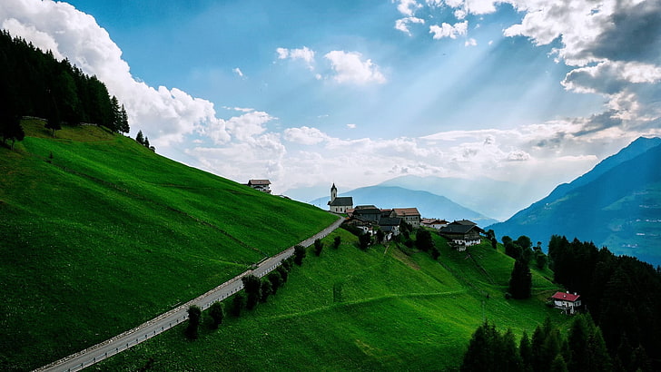 green grass field, landscape, village, mountains, Alps, church