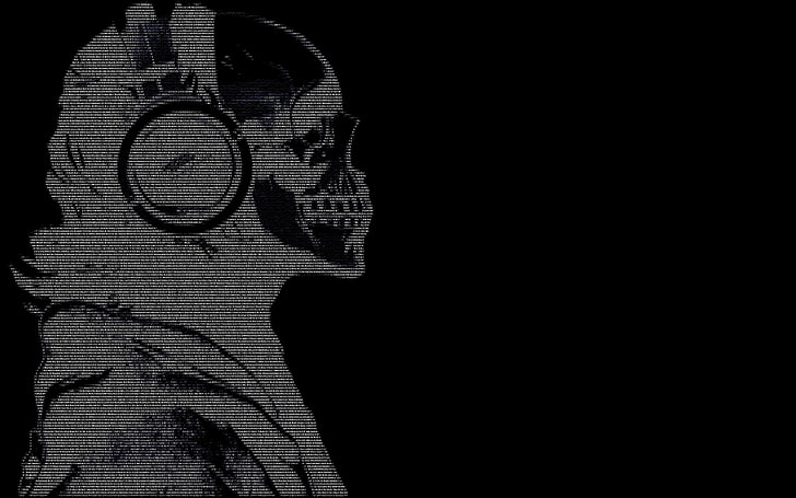 ascii, black, dark, guy, hackers, headphones, skulls, text, HD wallpaper