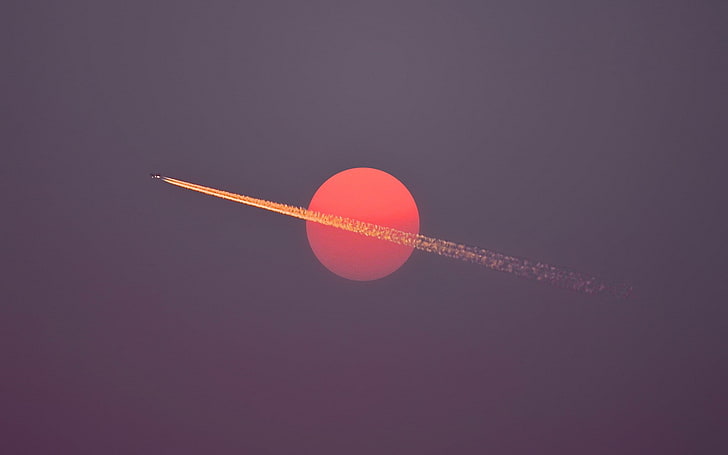aircraft, sky, contrails, Sun, sunset, flying, minimalism, airplane, HD wallpaper