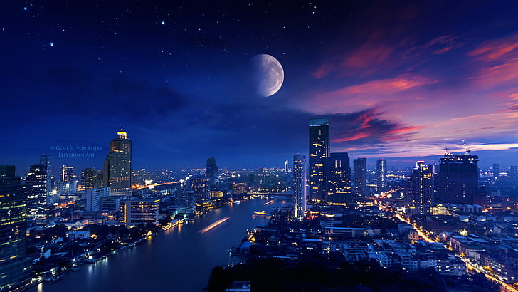landscape, cityscape, Ellysiumn, Moon, city lights, digital art, HD wallpaper