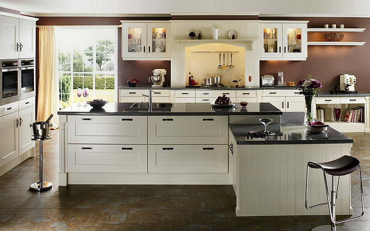 white and black wooden kitchen island, interior, design, style, HD wallpaper