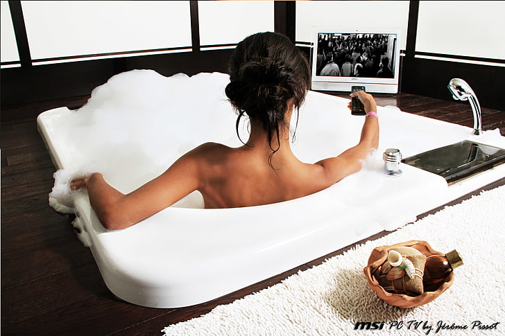 model, women, bathtub, brunette, back, one person, rear view