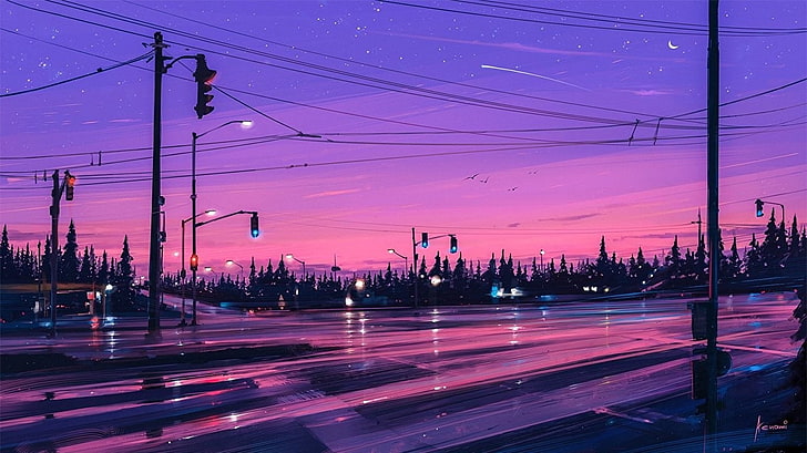 digital art, street, Aenami, electricity, sky, illuminated
