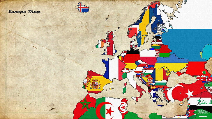 assorted flags, map, Europe, old map, world map, wall - building feature