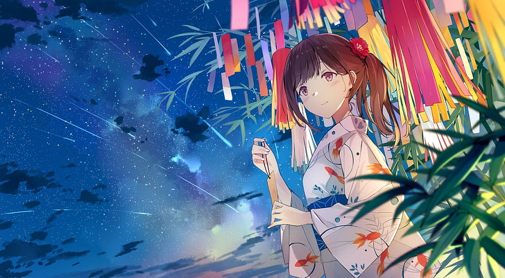anime girl, falling stars, kimono, brown hair, sky, night, one person