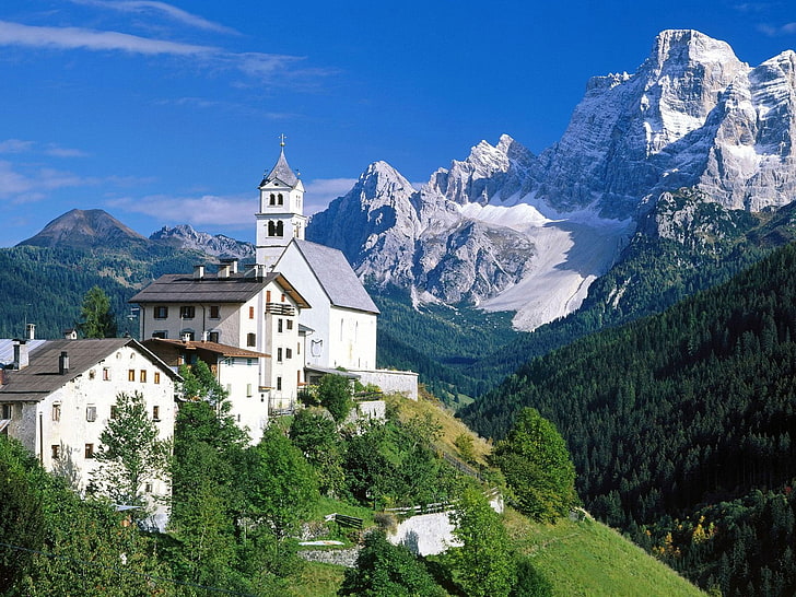 Alps, mountains, nature, landscape, Switzerland, tree, building, HD wallpaper