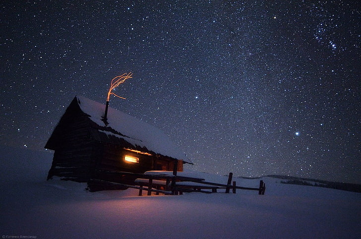 stars, night, sky, winter, star - space, astronomy, snow, cold temperature, HD wallpaper