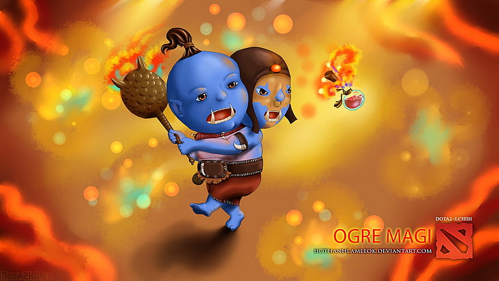 DOTA 2 Ogre Magi clip art, chibi, illustration, vector, backgrounds, HD wallpaper