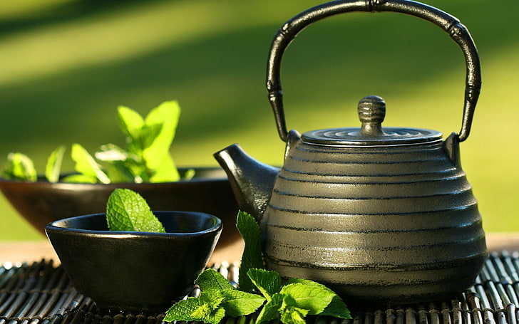 gray kettle and black bowl, teapot, cup, mint, green Color, leaf