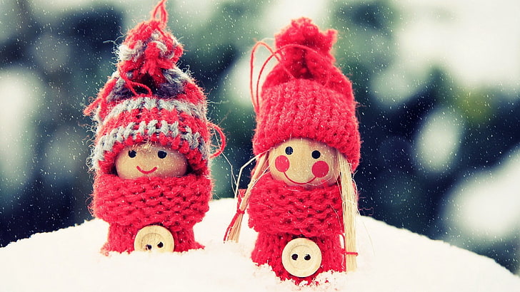 two red knit dolls, toys, snow, winter, cold temperature, representation, HD wallpaper