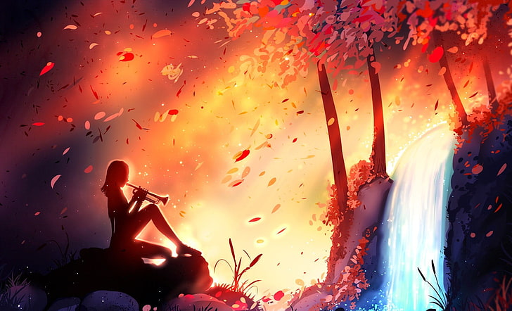 woman playing trumpet sitting in front of waterfalls digital wallpaper
