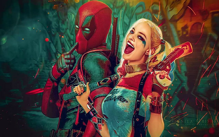 Deadpool and Harley Quinn wallpaper, dead pool, Margot Robbie, HD wallpaper