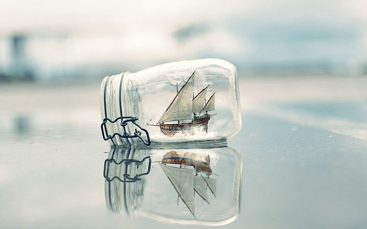 ship impossible bottle, bottles, reflection, water, no people, HD wallpaper