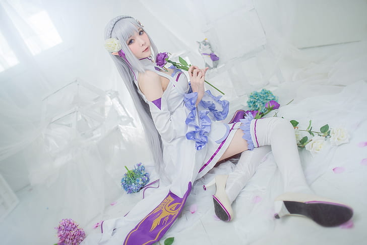 white, purple, look, girl, flowers, face, pose, room, lilac