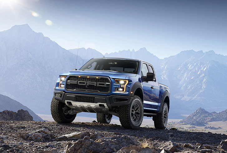 blue Ford extended cab truck, f-150, raptor, pickup, stones, mountain, HD wallpaper
