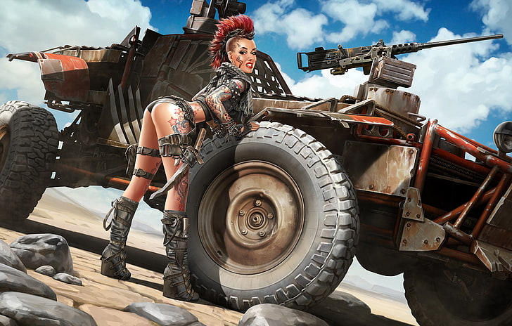 woman in black vest beside vehicle game wallpaper, machine, look