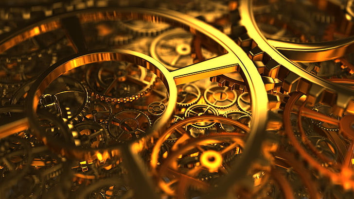 brass-colored machine, gold gear mechanism, clockwork, gears, HD wallpaper