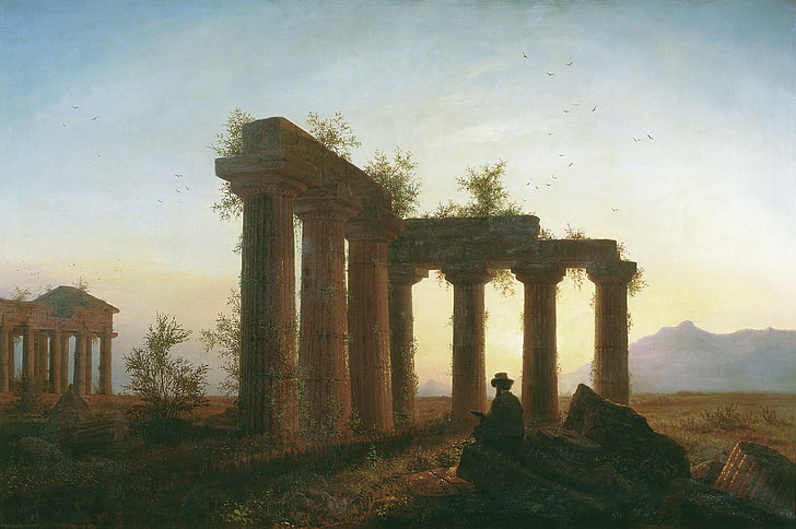 white ruins, people, The ruins, painting, sunset, Greek temple, HD wallpaper