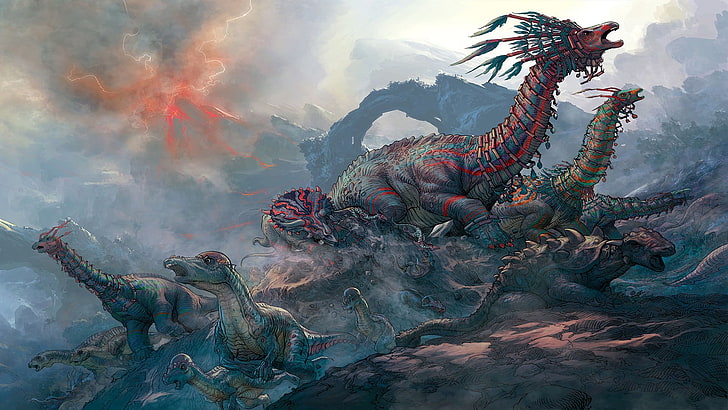 dragons on the field wallpaper, dinosaurs, fantasy art, artwork
