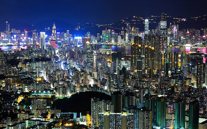 cityscape digital wallpaper, evening, view from above, night