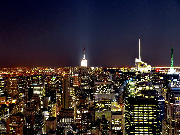 aerial photo of city skylines, Illuminated, NYC, america, skyscraper, HD wallpaper