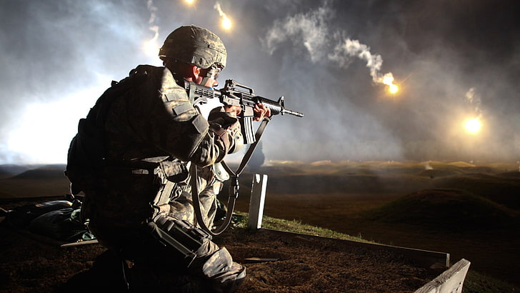 military, flares, United States Army, night, smoke, soldier, HD wallpaper