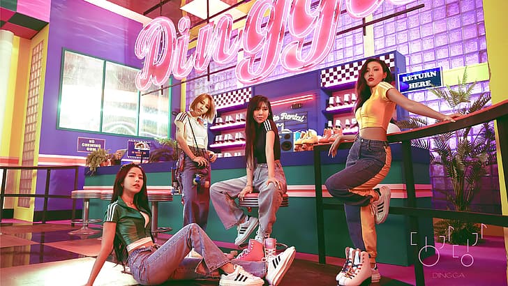 women, group of women, Asian, neon, jeans, K-pop, singer, Mamamoo