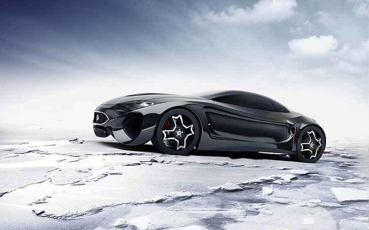 black supercar, snow, winter, cold temperature, mode of transportation