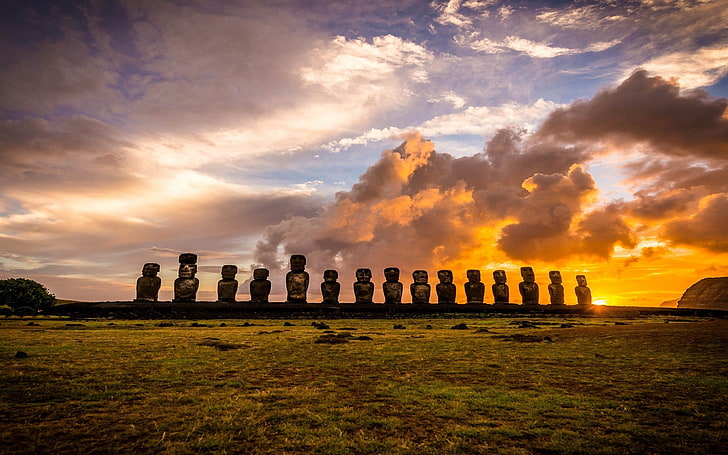 Chile, clouds, Enigma, grass, island, landscape, Moai, nature