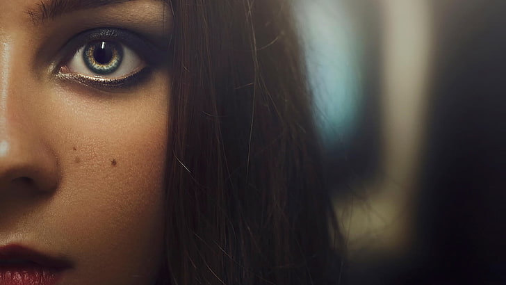 woman's black hair, eyes, brunette, closeup, blue eyes, moles, HD wallpaper