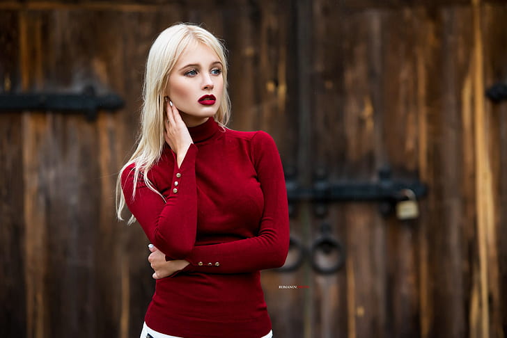blonde, women, model, red sweater, platinum blonde, blue eyes, HD wallpaper