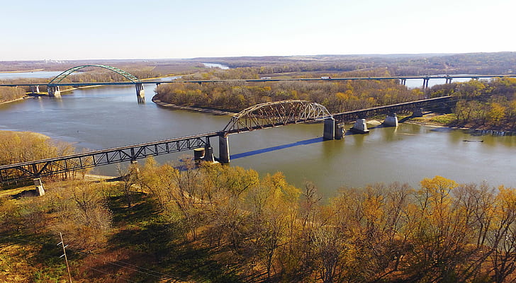 photo of bridge and above river surround by brown trees, illinois river, lasalle, illinois river, lasalle, HD wallpaper