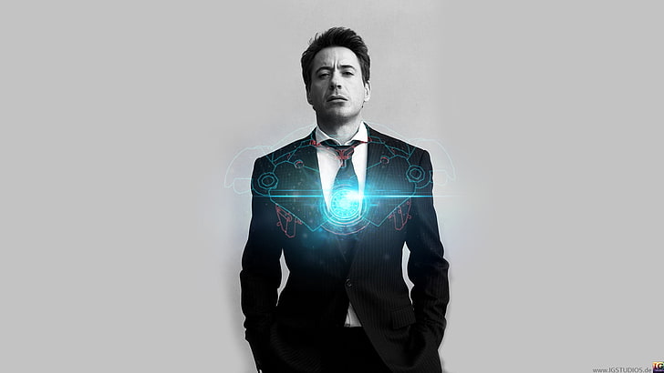Iron Man Tony Stark, Robert Downey Jr., cyan, one person, studio shot, HD wallpaper
