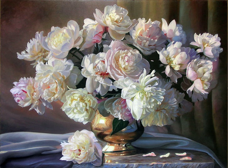 Flowers Zbigniew Kopania Painting Life White Peonies HD Background, HD wallpaper