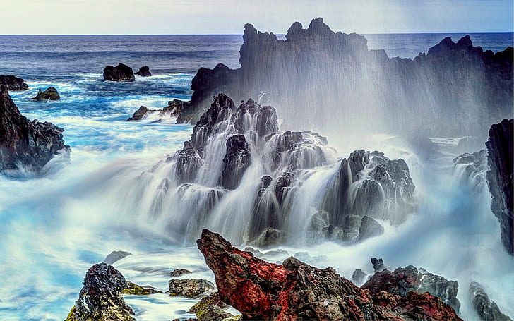 Landscape, Nature, Sea, Rock, Coast, Horizon, Waterfall, Easter Island, Chile