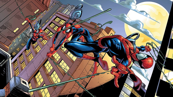 Spider-Man Spider Verse digital wallpaper, comics, low angle view, HD wallpaper