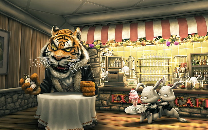 tiger and two bunnies digital wallpaper, humor, artwork, art and craft, HD wallpaper