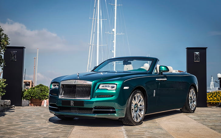 green convertible coupe parked on concrete pavement, Rolls Royce Dawn