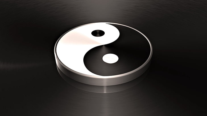 yin yang emblem, macro, white, reflection, backgrounds, circle, HD wallpaper