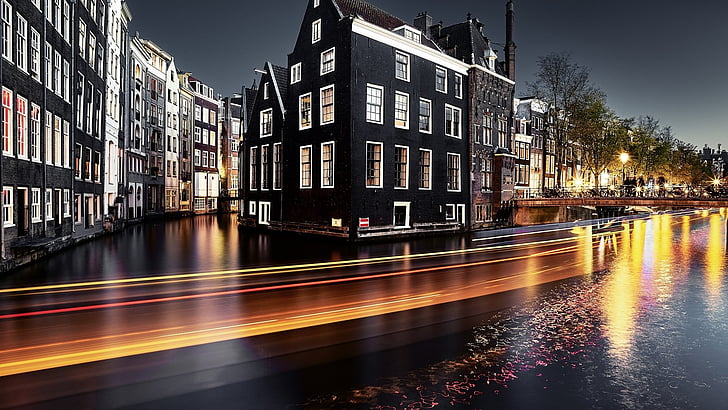 light trails, waterway, canal, cityscape, night, architecture