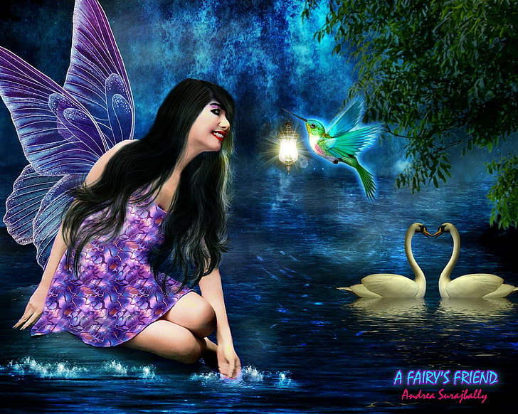 A Fairy's Friend, swan, fantasy, lady, 3d and abstract
