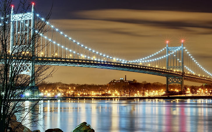 gray metal bridge with lights, city, new york, night, new York City