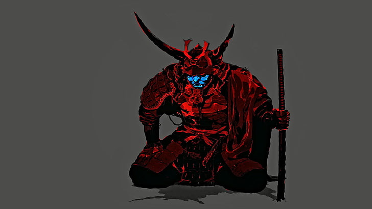 Samurai portrait artwork, red, blue, mask, minimalism, Blade of the Ronin, HD wallpaper