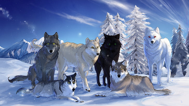 wolf pack illustration, winter, the sky, snow, trees, mountains