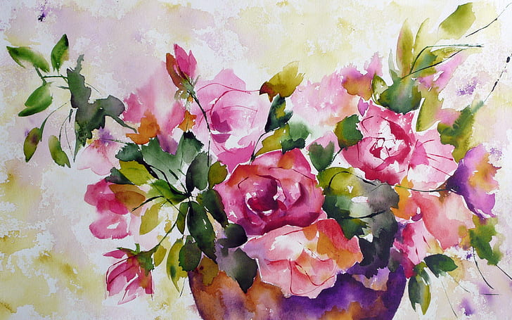 HD wallpaper: Watercolor painting of flowers, pink and green flowers  painting | Wallpaper Flare