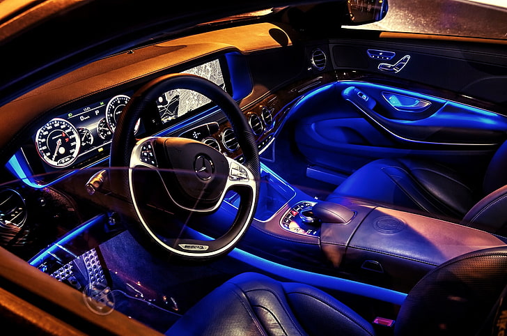 black and gray Mercedes-Benz vehicle interior, blue, neon, salon, HD wallpaper
